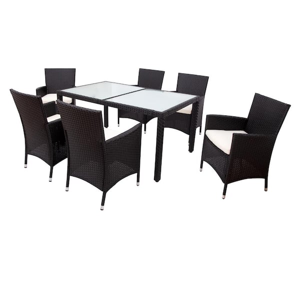 myomere Furniture Set Black of 7-Piece Wicker Rectangular 29.13 in. Outdoor Dining Set with Beige Cushions