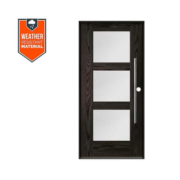 Modern Faux Pivot 36 in. x 79 in. 3-Lite Left-Hand/Inswing Satin Glass Baby Grand Stain Fiberglass Prehung Front Door