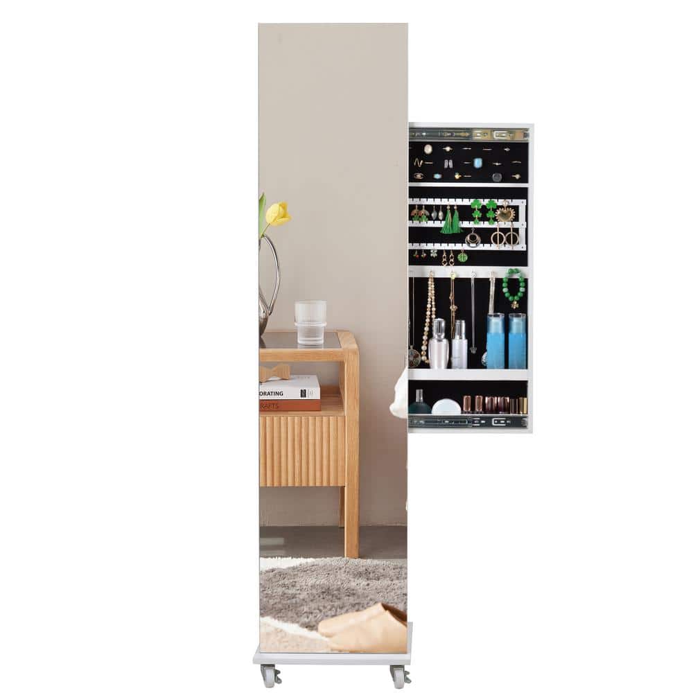 66 in. H White Rectangular Floor Standing Jewelry Box with Mirror, Lockable