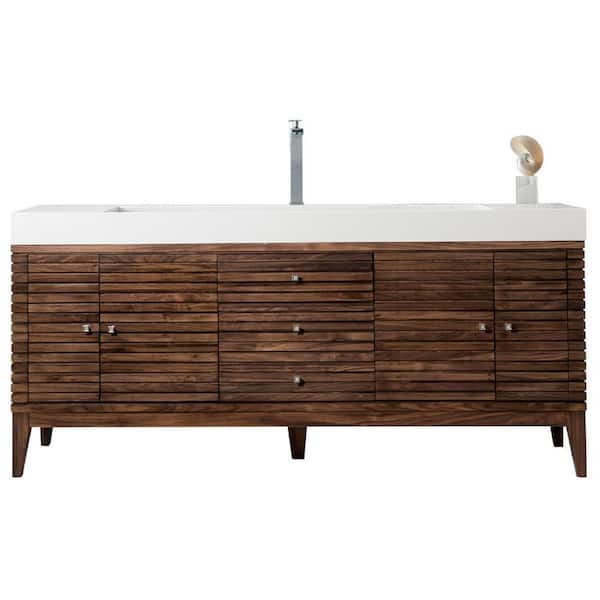 James Martin Vanities Linear 72.5 in. W x 19 in.D x 34.3 in.H Single Bath Vanity in Mid Century Walnut with Solid Surface Top in Glossy White