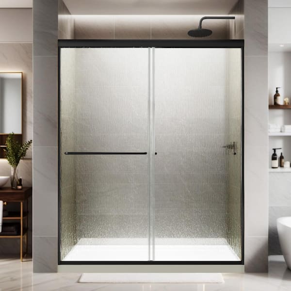 Lonni 56 in. to 60 in. W x 70 in. H Sliding Glass Shower Door in Matte Black Finish with Rain Tempered Glass