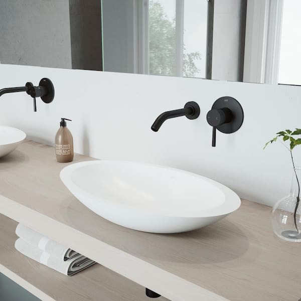VIGO Matte Stone Wisteria Composite Oval Vessel Bathroom Sink in White with Olus Faucet and Pop-Up Drain in Matte Black