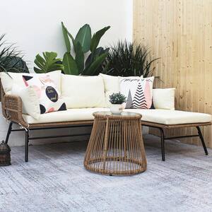 3-Piece Wicker Patio Conversation Set and Round Tempered Glass Table with Beige Cushion