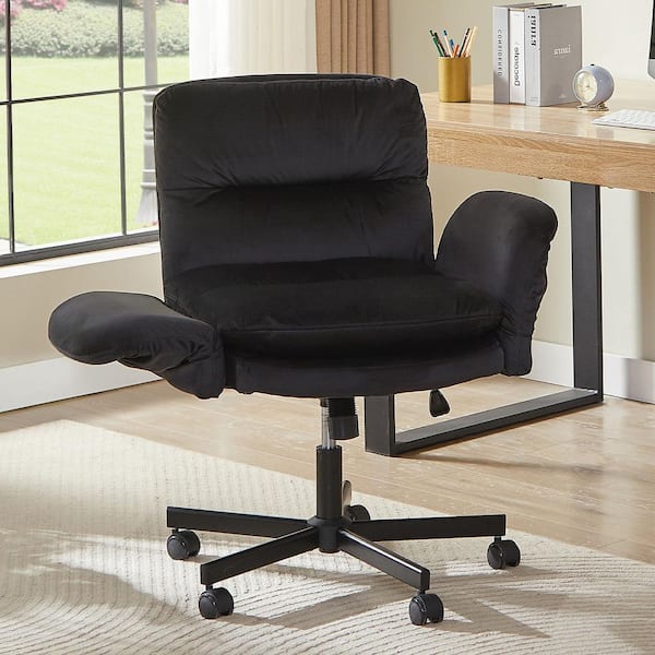 Velour Thick Cushioned Cross-Legged Office Chair in Black with Adjustable Padded Arms, Mid Back Vanity Chair for Bedroom