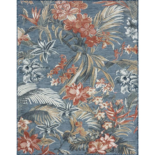 Tayse Rugs Tropic Floral Blue 8 ft. x 10 ft. Indoor/Outdoor Area Rug