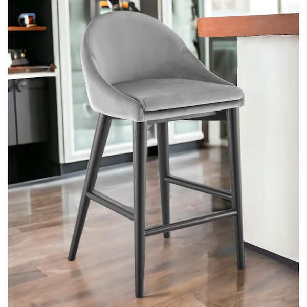 HomeRoots 26.38 in. Black and Gray Low Back Wood Counter Height Bar Chair with Velvet Seat