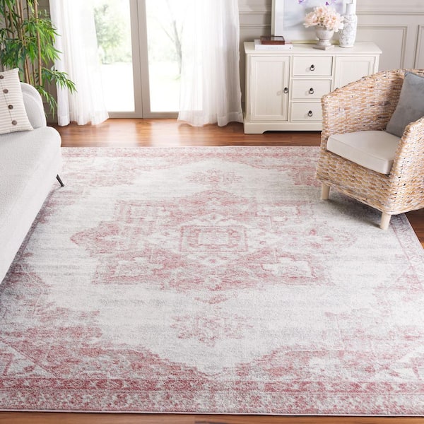 Layla 7 ft. x 7 ft. Ivory Gray/Pink Ornate Medallion Distressed Square Area Rug