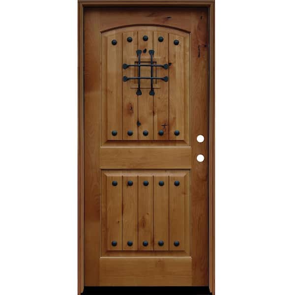 Pacific Entries 36 in. x 80 in. Rustic Arched 2-Panel V-Groove Stained Knotty Alder Wood Prehung Front Door with 6 in. Wall Series