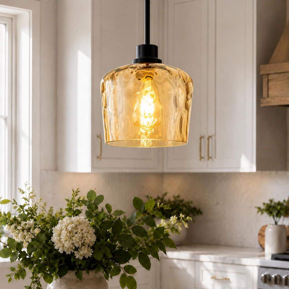 RayHome 1-Light Modern Black Adjustable Height Pendant Light with Amber Hand-Blown Hammered Glass for Kitchen Island price history on PriceWatchPro