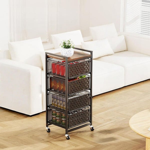 5 Tier Black Kitchen Storage Cart with Wheels, Utility Vegetable Storage Rack Stand with Pull-Out Baskets and Wood Top