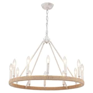 12-Light Vintage Beige Classic Wagon Wheel Twine Woven Chandelier for Living Room Dinning Room with No Bulbs Included