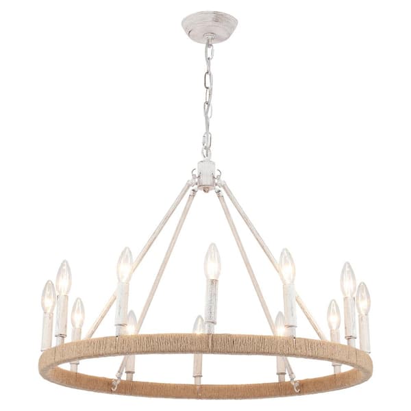 ZJVAIVE 12-Light Vintage Beige Classic Wagon Wheel Twine Woven Chandelier for Living Room Dinning Room with No Bulbs Included
