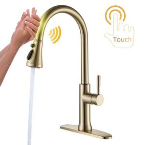 Single-Handle Sensitive Touch Pull-Down Sprayer Kitchen Faucet with Deckplate Included in Brushed Gold