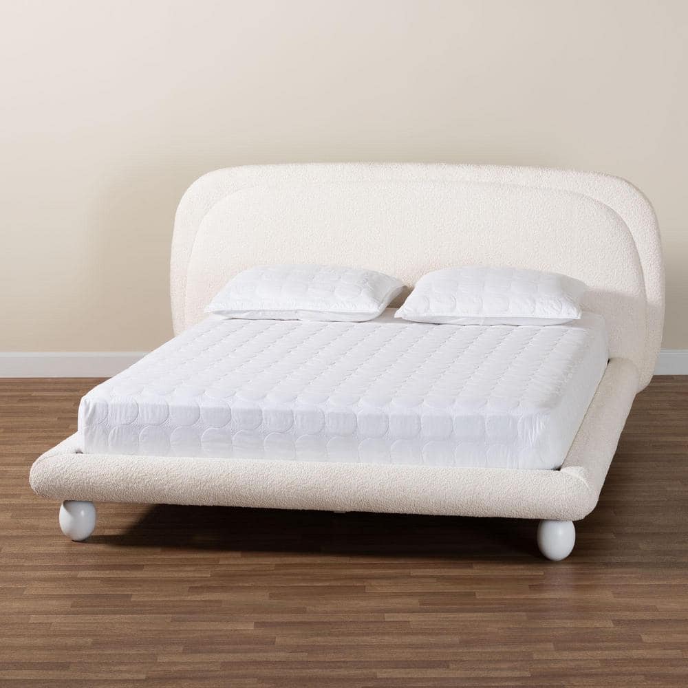 Ivory Upholstered Queen Bed with Tufted Headboard and Wood Frame