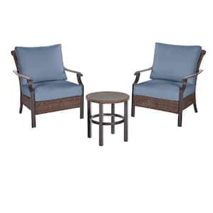 Harper Creek 3-Piece Brown Steel Outdoor Patio Chair Set with Sunbrella Denim Blue Cushions