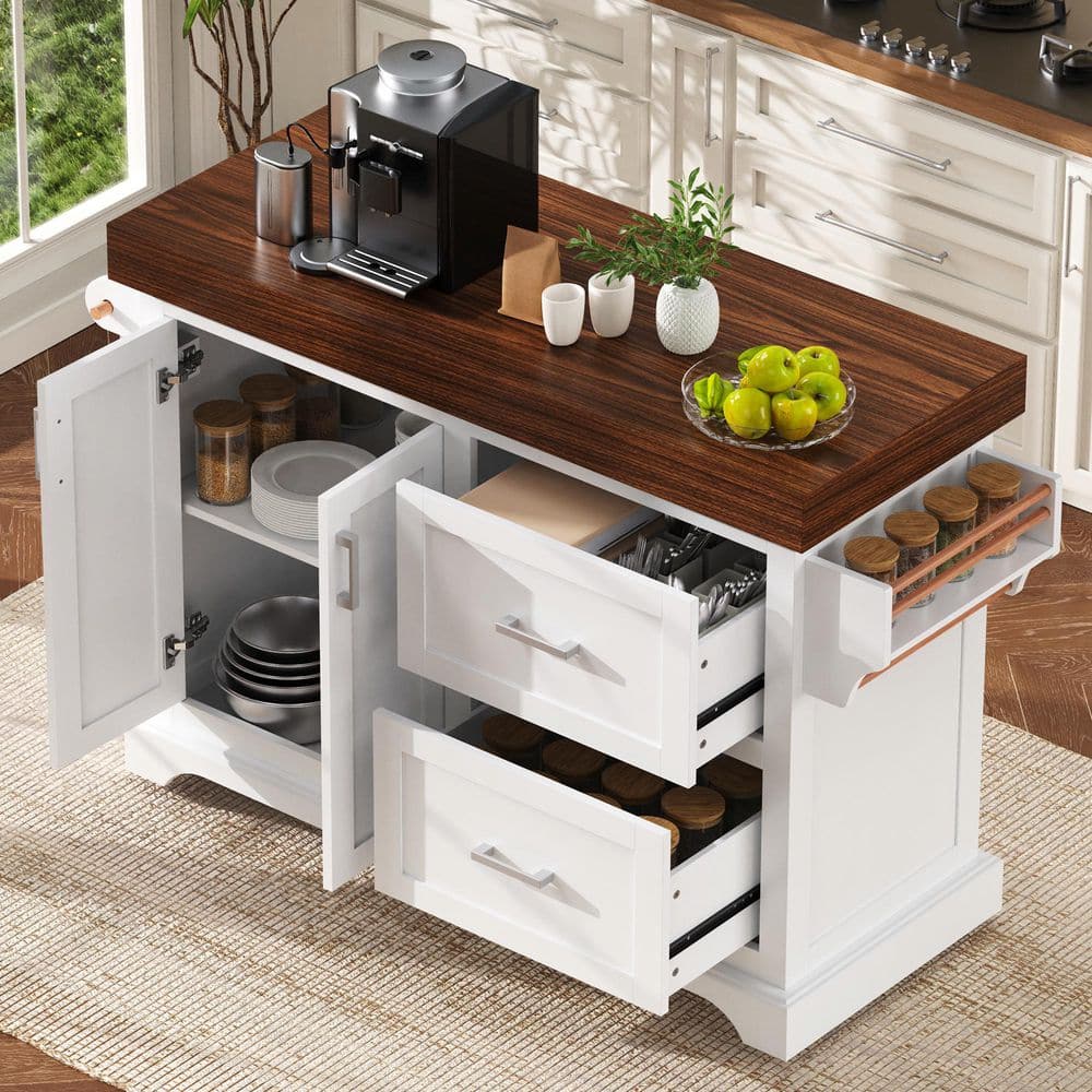 White Wood Kitchen Cart with 2 Drawers, Adjustable Shelves, Open Storage Rack, 5 Hidden Wheels