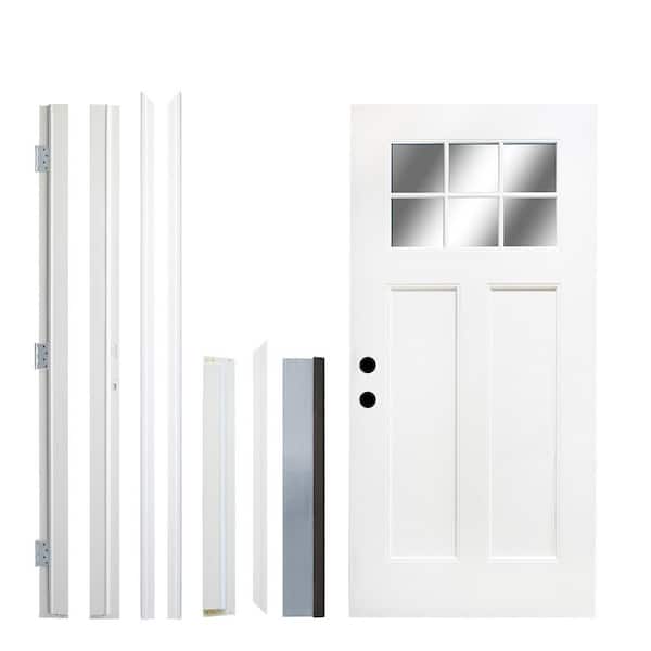 36 in. x 80 in. 6 Lite White Primed Right-Hand Inswing Clear Glass Fiberglass Prehung Front Door with Hinge, Threshold