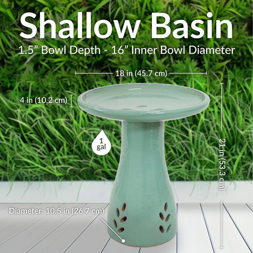 Seafoam Glazed Ceramic Hand-Painted Outdoor Bird Bath Stand