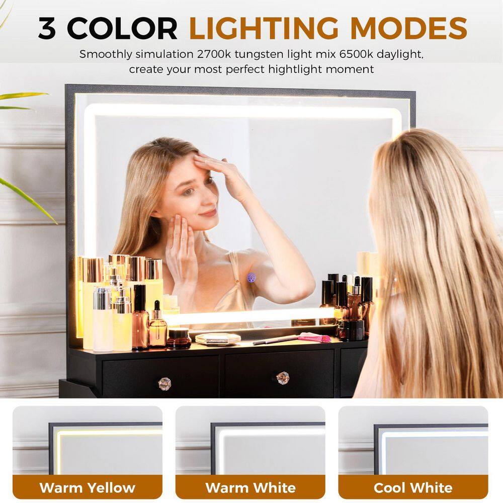 Makeup Vanity Desk with 3-Color Modes Adjustable Lights Vanity Table and Chair Set with Charging Station, White - thumbnail 3