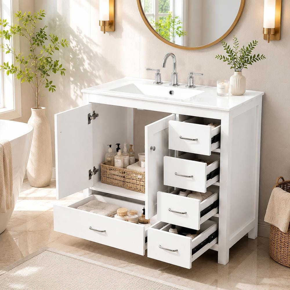 36 in.White Freestanding Bathroom Vanity with Ceramic Single Sink,2 Soft Close Doors,5 Drawers price history on PriceWatchPro
