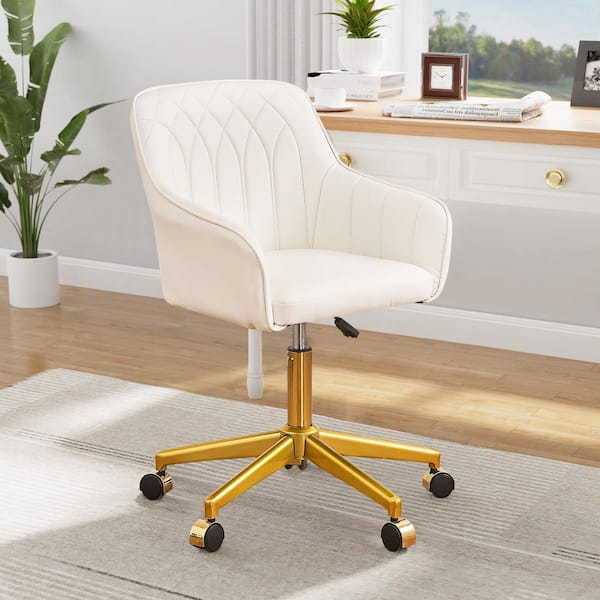 Office Chair Faux Leather Ergonomic with Back Support-Adjustable Height Vanity Desk Chair in White with Arms
