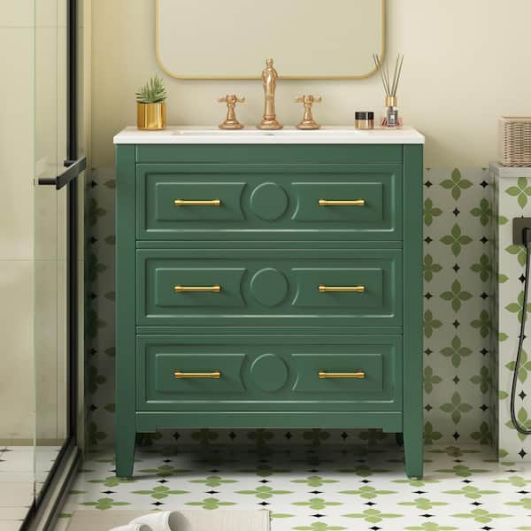 Unbranded 30 in. W x 18 in. D x 34 in. H Single Sink Freestanding Bath Vanity in Green with White Ceramic Top