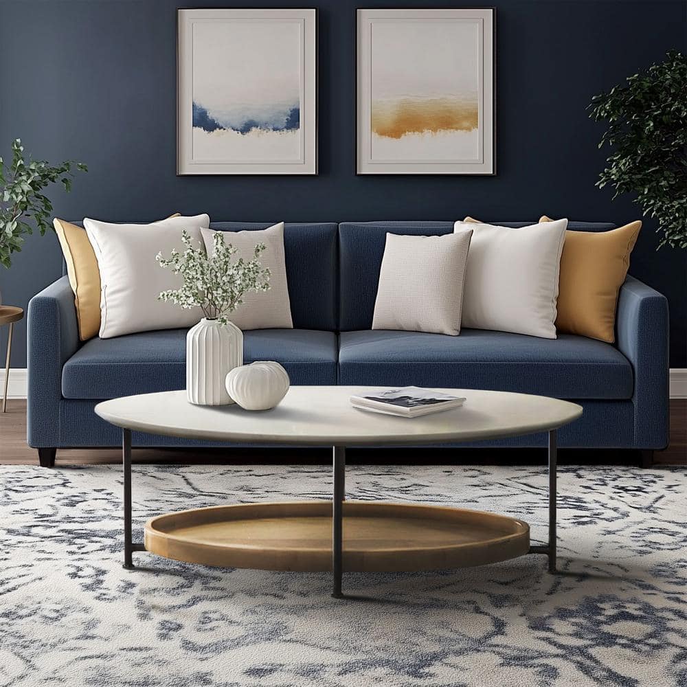 White and Natural Oval Wood Metal Coffee Table