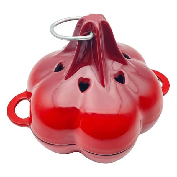 1.6 qt. Enameled Cast Iron Smoker Roaster Dutch Oven Style Cookware in Red with Lid for Gas Pellet Charcoal Grills Oven