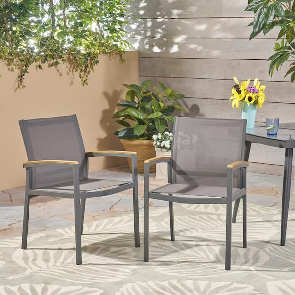 Noble House Luton Gray Armed Aluminum Outdoor Dining Chair (2-Pack)