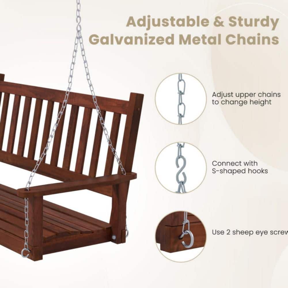 Brown Poplar Wood 3-Person Outdoor Porch Swing with Metal Chains