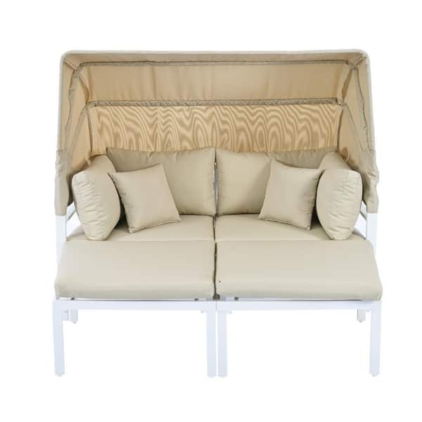 Boosicavelly White Metal Outdoor Day Bed with Beige Cushions