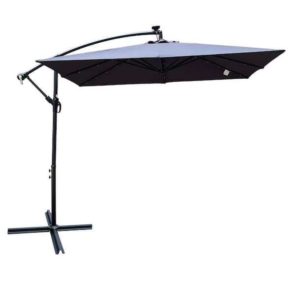 GAWEZA 8.2 ft. Square Steel Cantilever Solar Patio Umbrella in Anthracite Offset Umbrella with 32 LED Lights and Cross Base