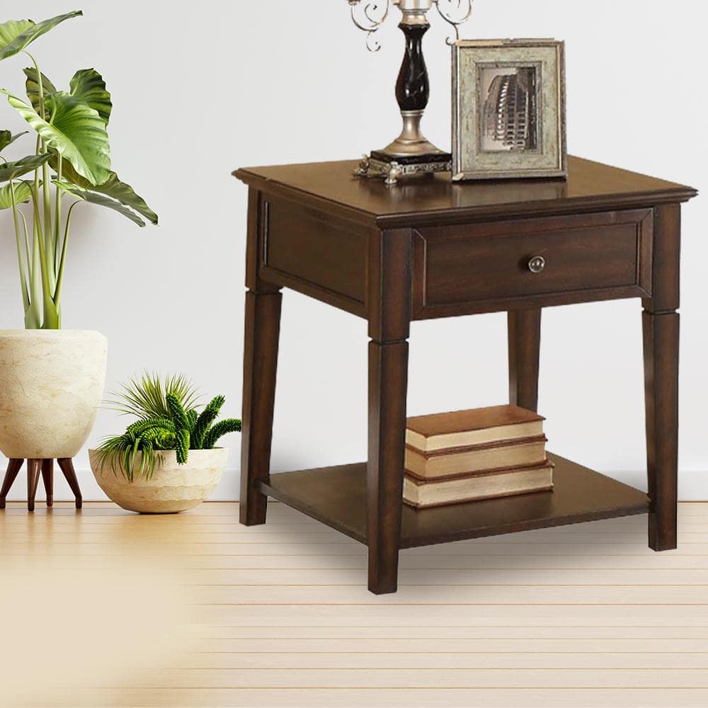 Walnut 24" Wooden End Table with Drawer and Shelf
