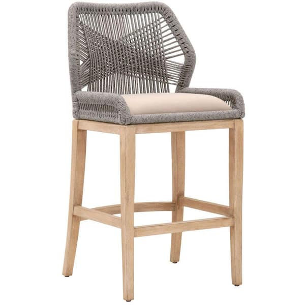 Benjara 40.5 in. Gray and Brown Full Back Metal Frame Fabric Upholstered Counter Height Bar Stool with Wooden Legs and Rope Back