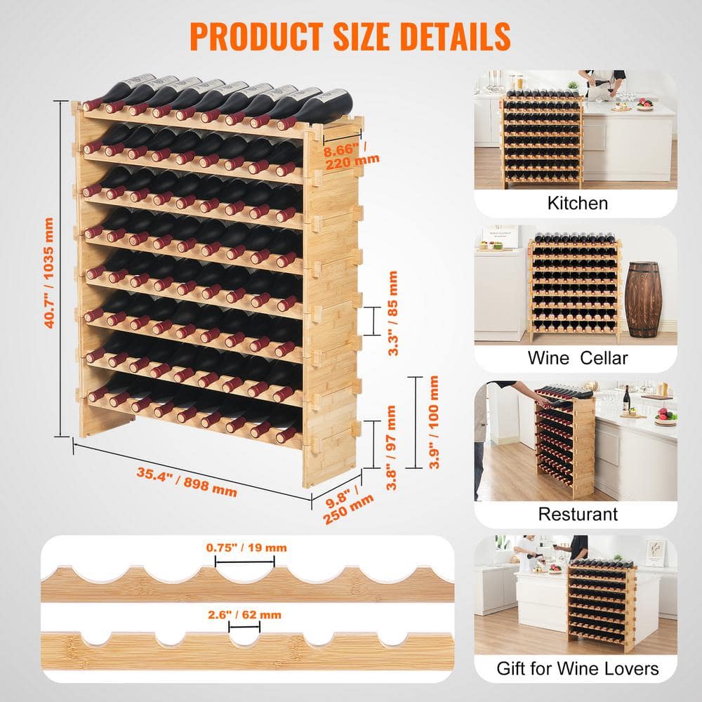 Natural Bamboo 72-Bottle Modular Wine Rack with 8 Tiers