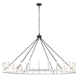 30 - Light 60 in. Antique Brown & Distressed White Oversized Modern Farmhouse Wagon Wheel Chandelier for Living Room