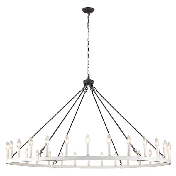 LWYTJO 30 - Light 60 in. Antique Brown & Distressed White Oversized Modern Farmhouse Wagon Wheel Chandelier for Living Room