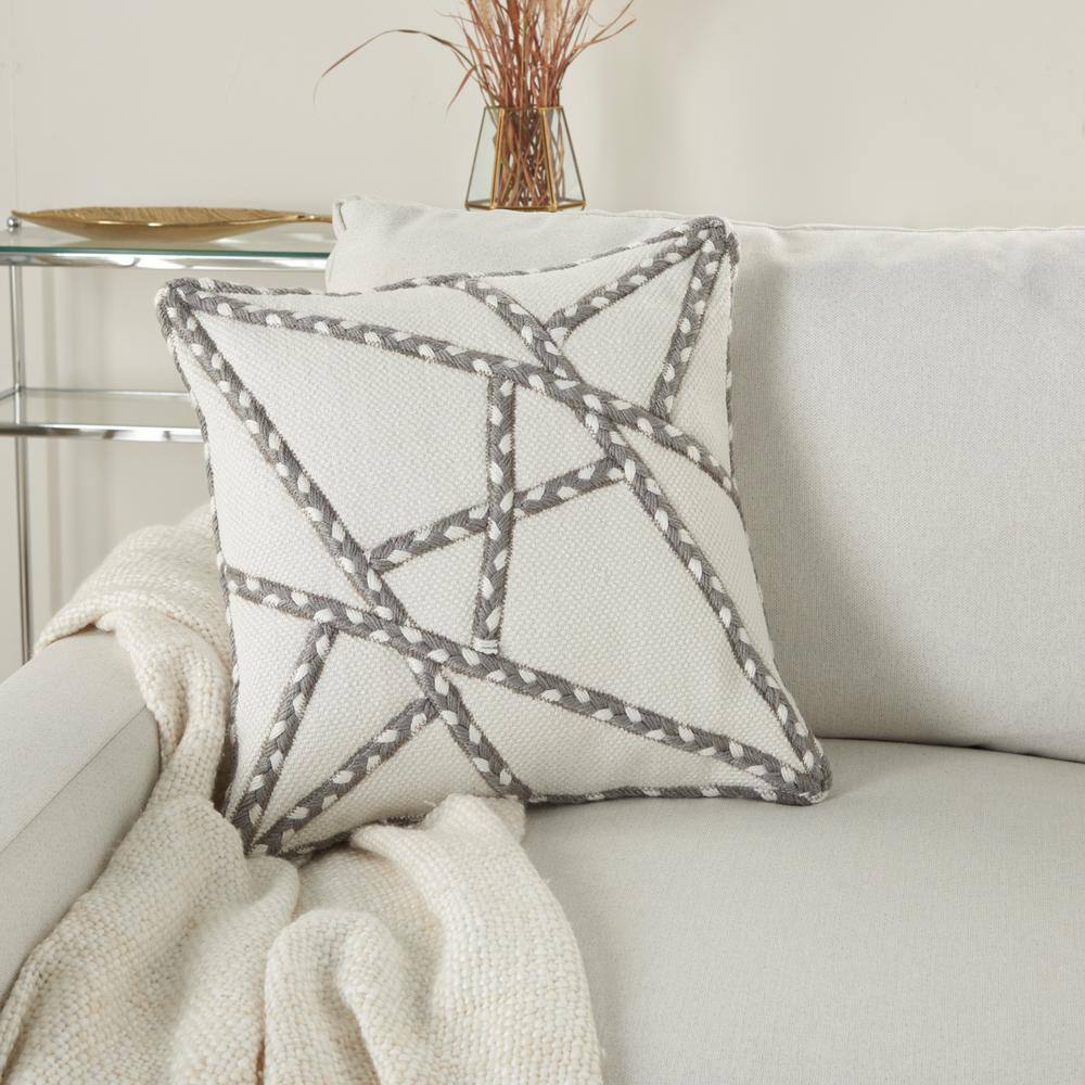 Gray and Ivory Geometric Embroidered 18" Square Throw Pillow