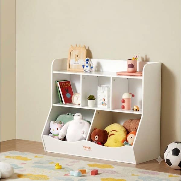 Valessia 35 in. W White 5-Cubby Kids Bookcase Cabinet with Toy Storage Organizer