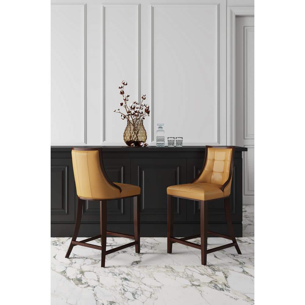 Camel Faux Leather Upholstered Wood Counter Height Barstools, Set of 2