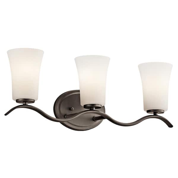KICHLER Armida 23 in. 3-Light Olde Bronze Transitional Bathroom Vanity Light with Satin Etched White Glass