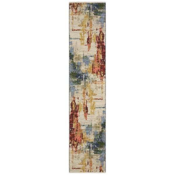 AVERLEY HOME Solano Beige/Multi-Colored 2 ft. x 12 ft. Distressed Abstract Wool Nylon Blend Fringe-Edge Indoor Runner Area Rug