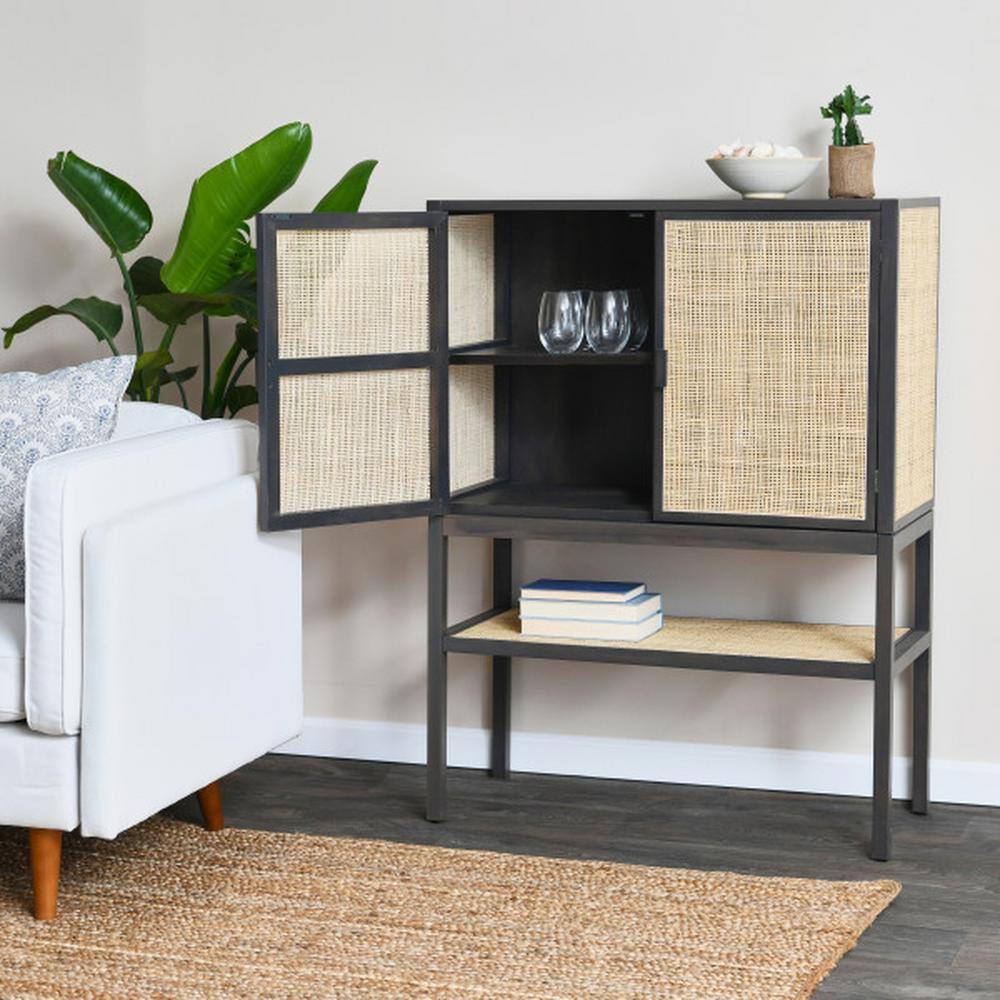Gray Pine Wood Cabinet with Natural Rattan Details