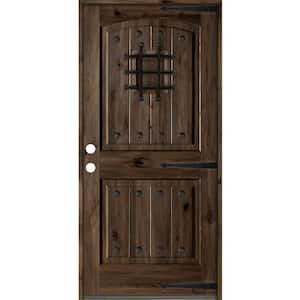 30 in. x 80 in. Mediterranean Knotty Alder Arch Top 2 Panel Right-Hand/Inswing Black Stain Wood Prehung Front Door