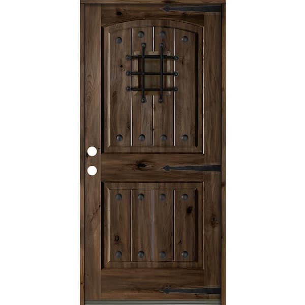 Krosswood Doors 30 in. x 80 in. Mediterranean Knotty Alder Arch Top 2 Panel Right-Hand/Inswing Black Stain Wood Prehung Front Door
