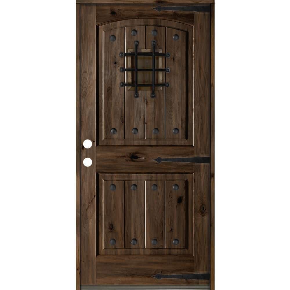 42 in. x 80 in. Mediterranean Knotty Alder Arch Top 2 Panel Right-Hand/Inswing Black Stain Wood Prehung Front Door price history on PriceWatchPro