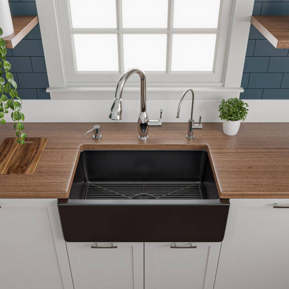 30" Black Gloss Fireclay Farmhouse Drop-in Kitchen Sink