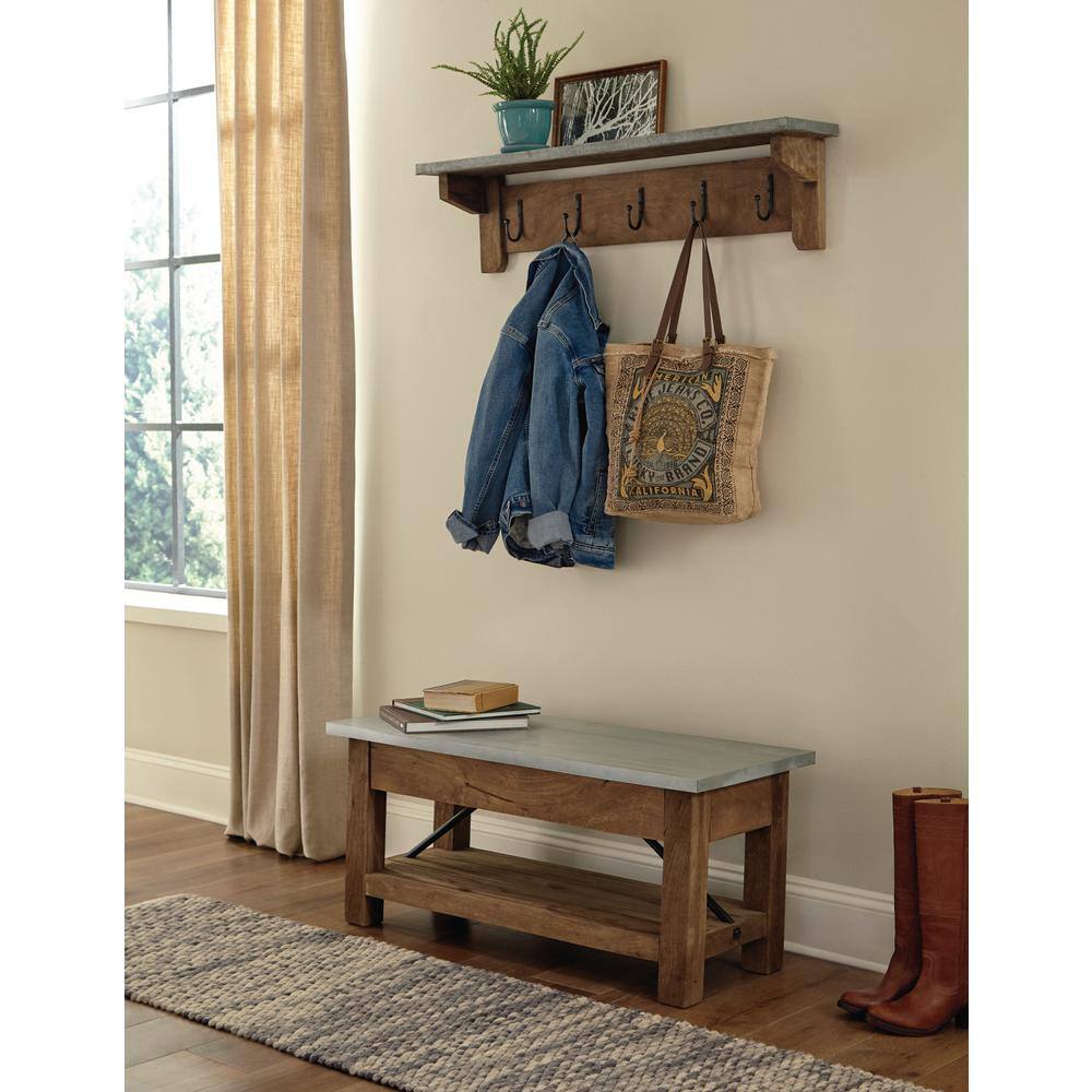 Millwork 40" Medium Wood and Zinc Hook Shelf