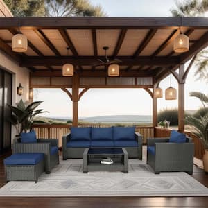 Dark Brown 7-Piece PE Rattan Wicker Patio Conversation Set with Glass Table and Dark Blue Cushions