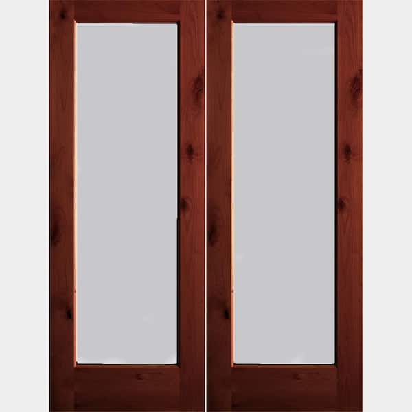 Krosswood Doors 72 in. x 96 in. Rustic Knotty Alder Wood Full-Lite Satin Etch Red Chestnut Stain Right Active Double Prehung Front Door